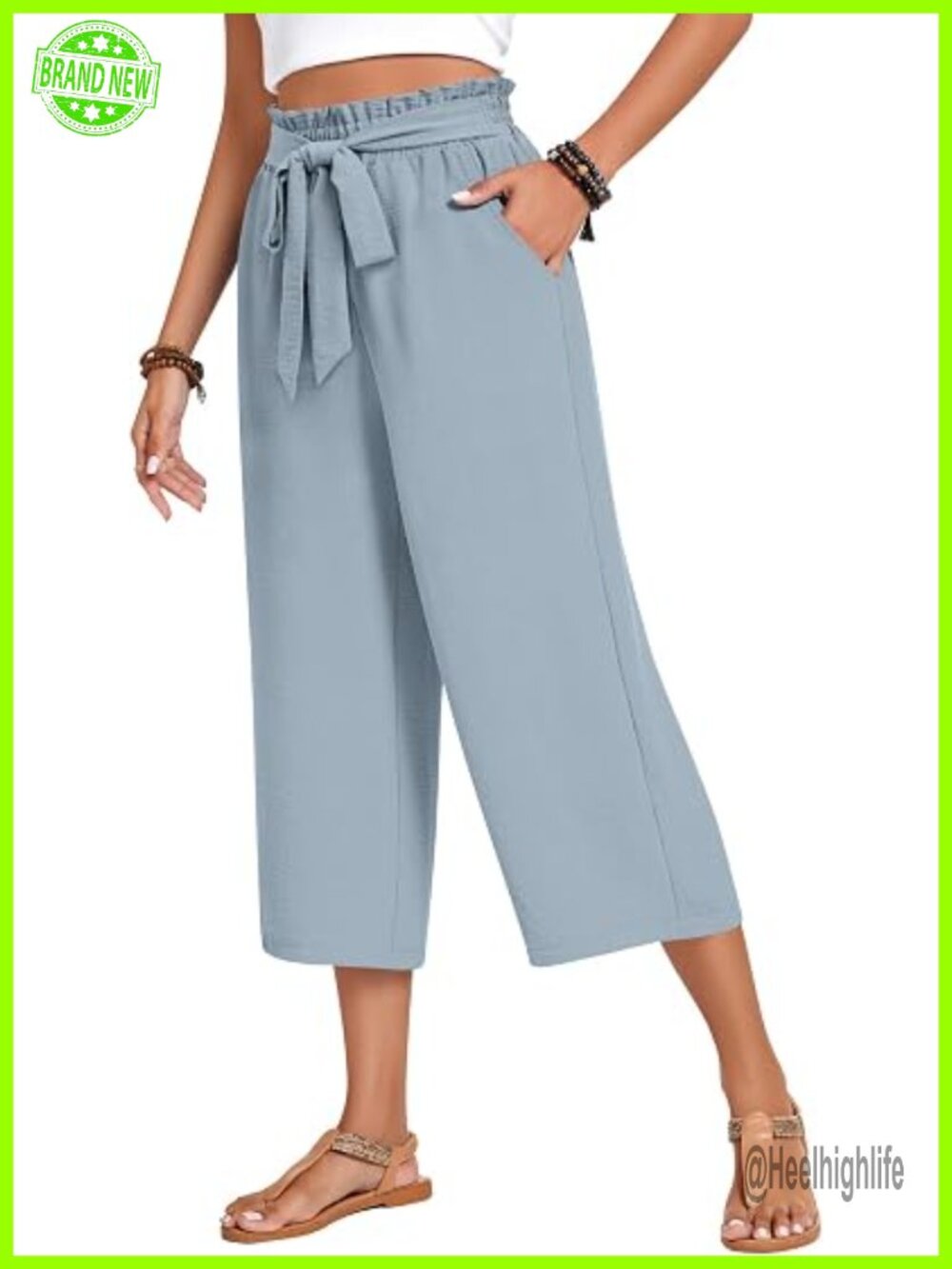 Wide Leg Capri Palazzo Pants with Pockets High Waist Tie Knot